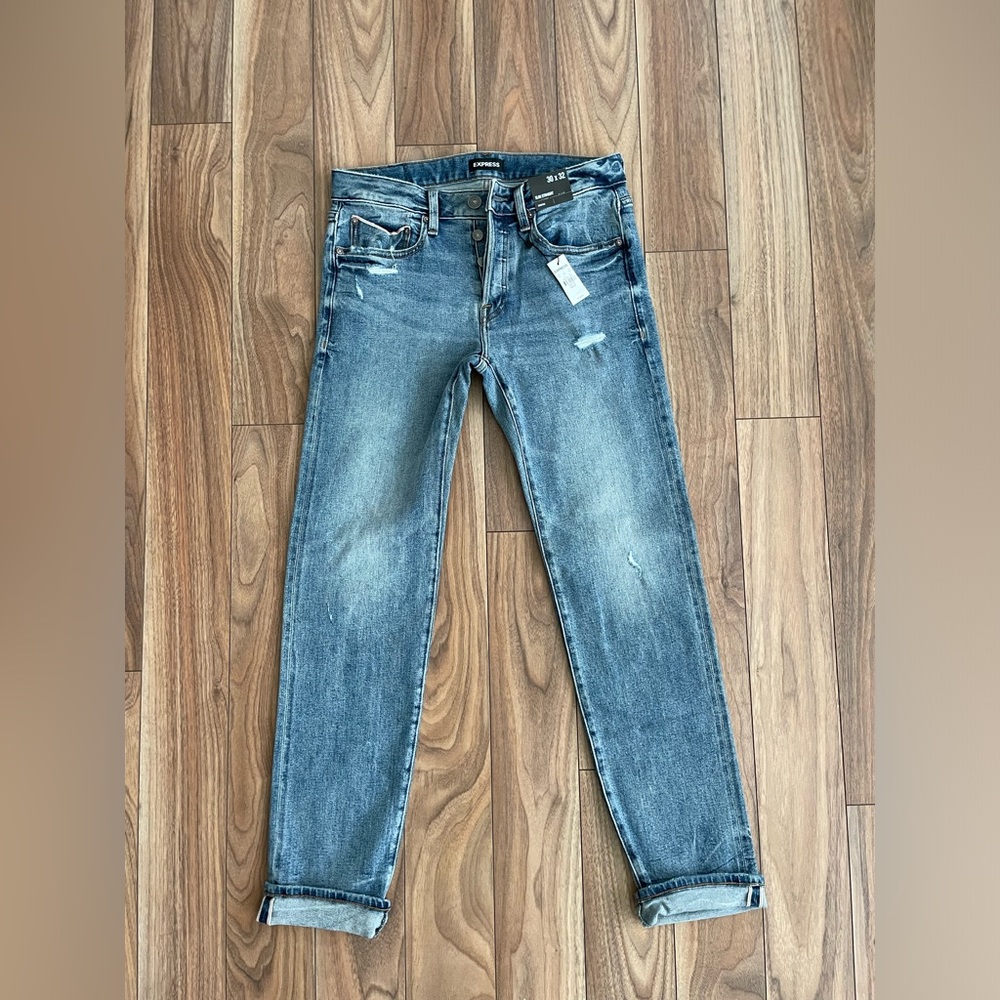 Express Slim Straight Light Wash Modern Vintage Selvedge Stretch Jeans